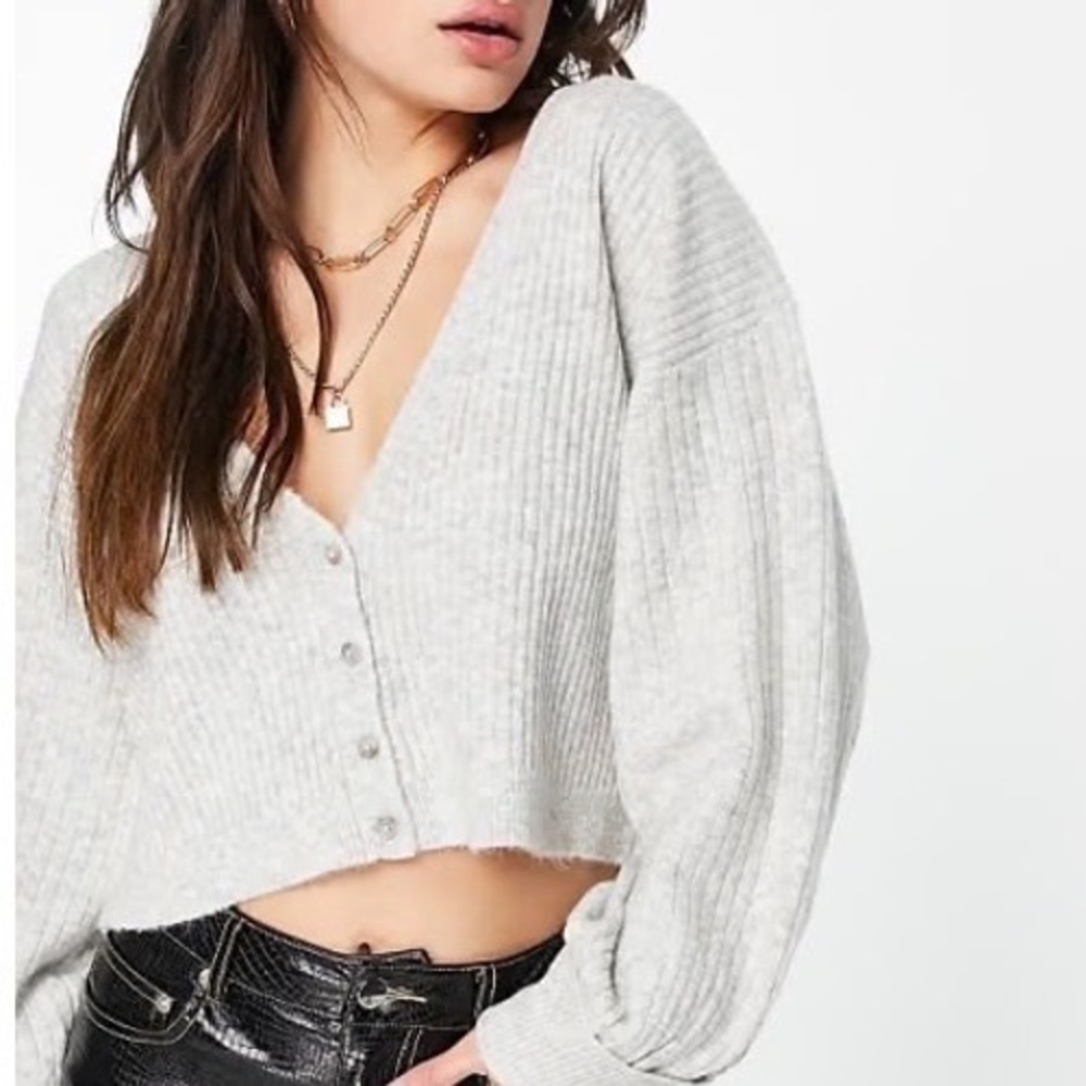 Topshop Grey Ribbed Cropped‎ Cardigan Balloon Sleeve V-Neck Sweater Medium m3